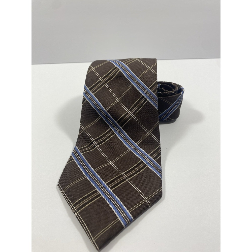 Eagle Shirtmakers Mens 100% Silk Necktie 58"x4" Brown /blue Plaid Pattern